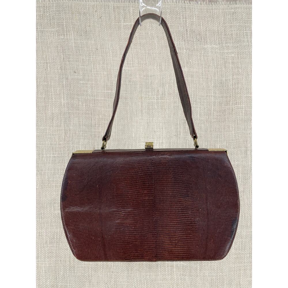Vintage Brown Lizard Handbag, Brass fittings, Rounded Structure, Exc Condition‎